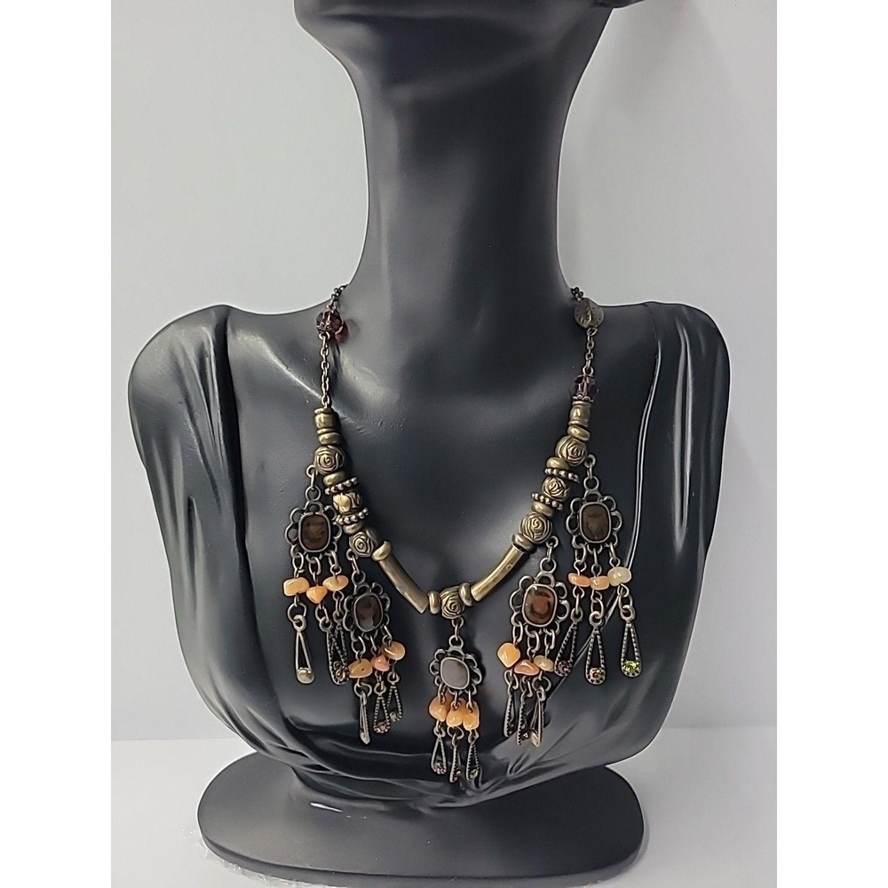 Vintage Artisian Style Boho Chandelier‎ Necklace Orange Beads Tassels Jewelry - Picture 3 of 11